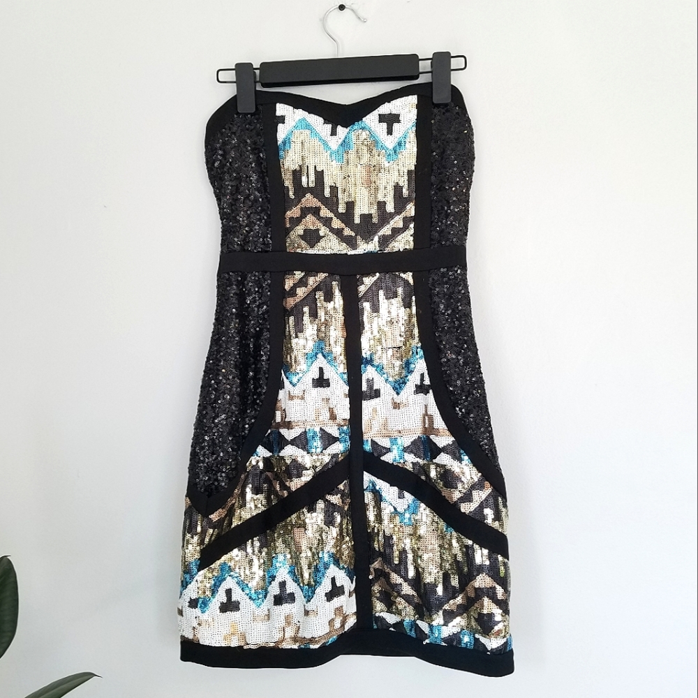WOW couture Black White Gold Sequin Strapless Mini Dress